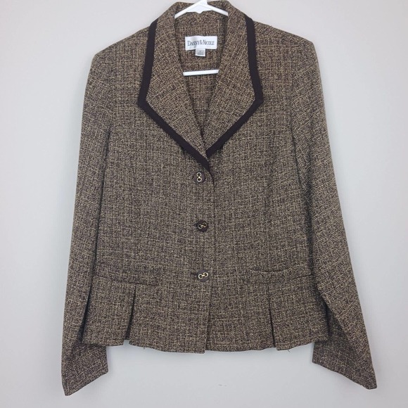 Women’s Size 12 Brown White Blazer Button Jacket Danny & Nicole Pleated - Picture 1 of 16